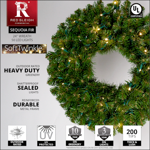 24" Pre-lit Commercial Sequoia Fir LED Christmas Wreath, 50 Warm White SoftTwinkle Lights