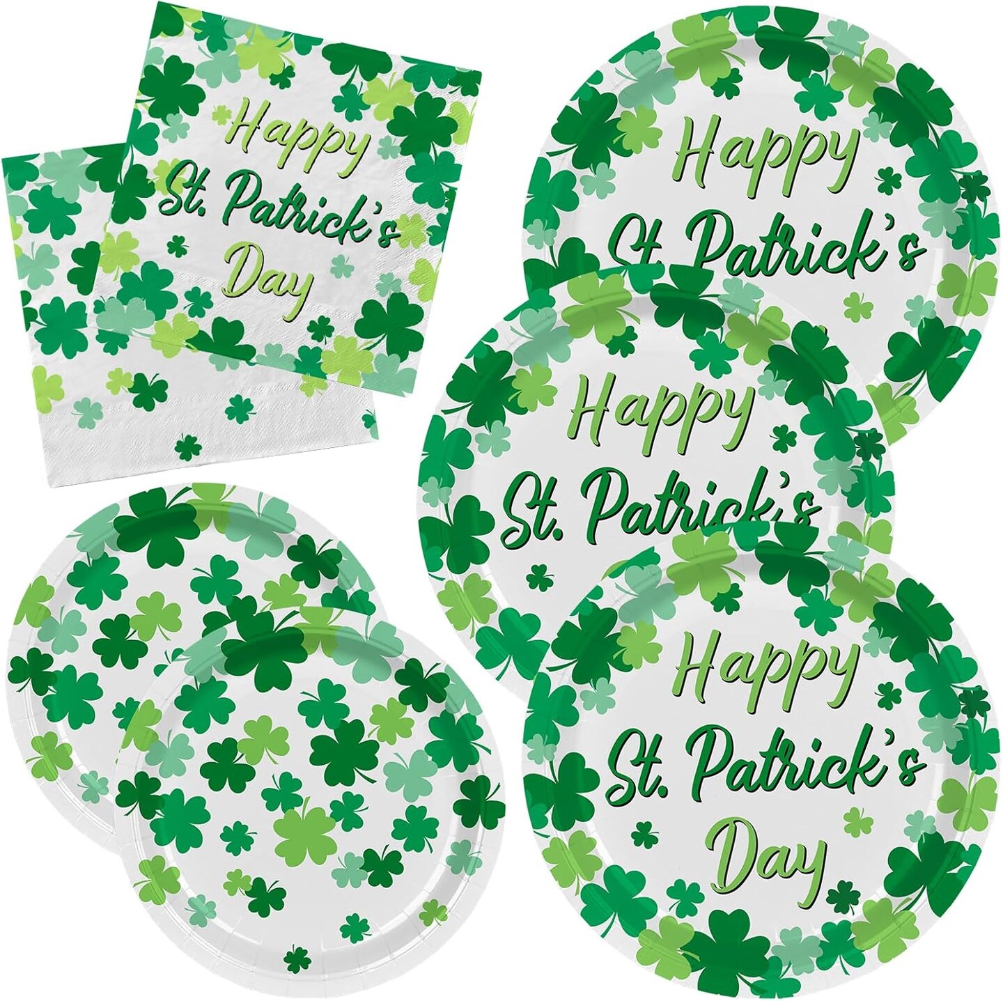 Irish Shamrock Themed Tableware Set, Paper Plates &#x26; Napkins for 50, St. Patrick&#x27;s Day Party Decorations, Disposable, Green, Decorative Plates, Pack