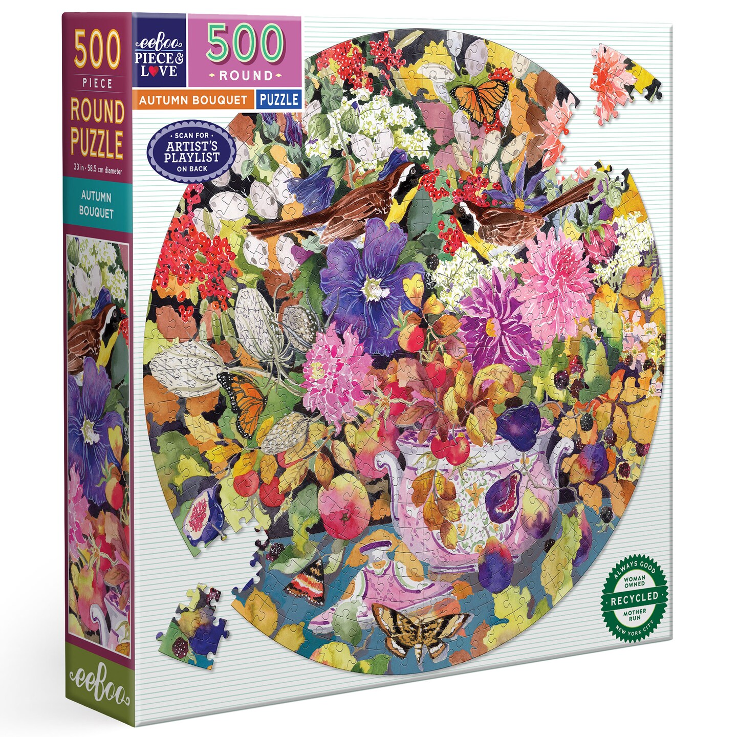 eeBoo Piece &#x26; Love: Autumn Bouquet - 500 Piece Puzzle - Adult Round Jigsaw, 23&#x22;x 23&#x22;, Includes Image Reference Insert, Glossy High-Quality Pieces