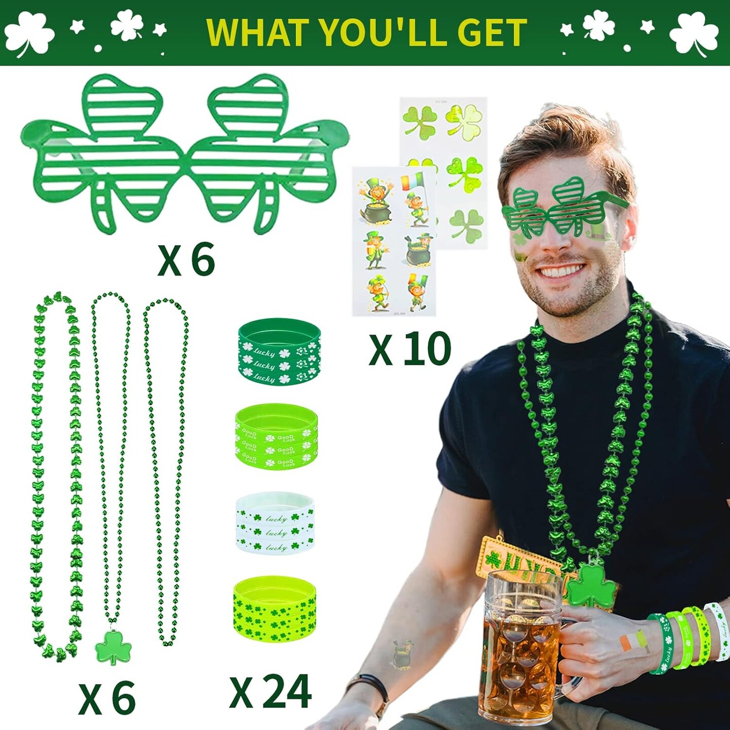 96Pcs St. Patricks Day Party Favors Set Shamrock Glasses Necklaces Bracelets Tattoos St. Patrick's Day Accessories Decorations Supplies
