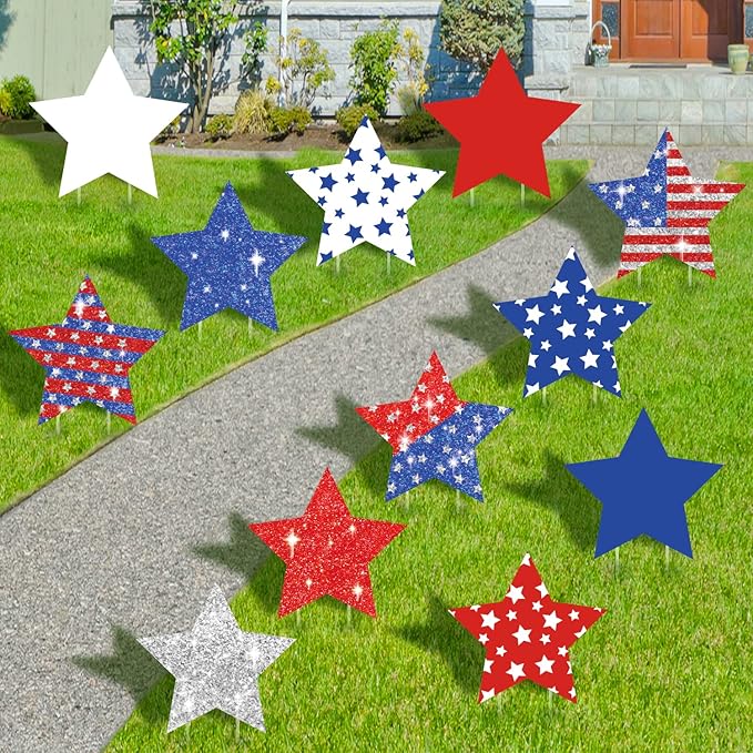 12pcs Patriotic Star Yard Signs - 10.6" Red, White & Blue Independence Day Lawn Decorations - 4th of July Pentagram Outdoor Ornaments with Stakes for Memorial Day & Party Decor