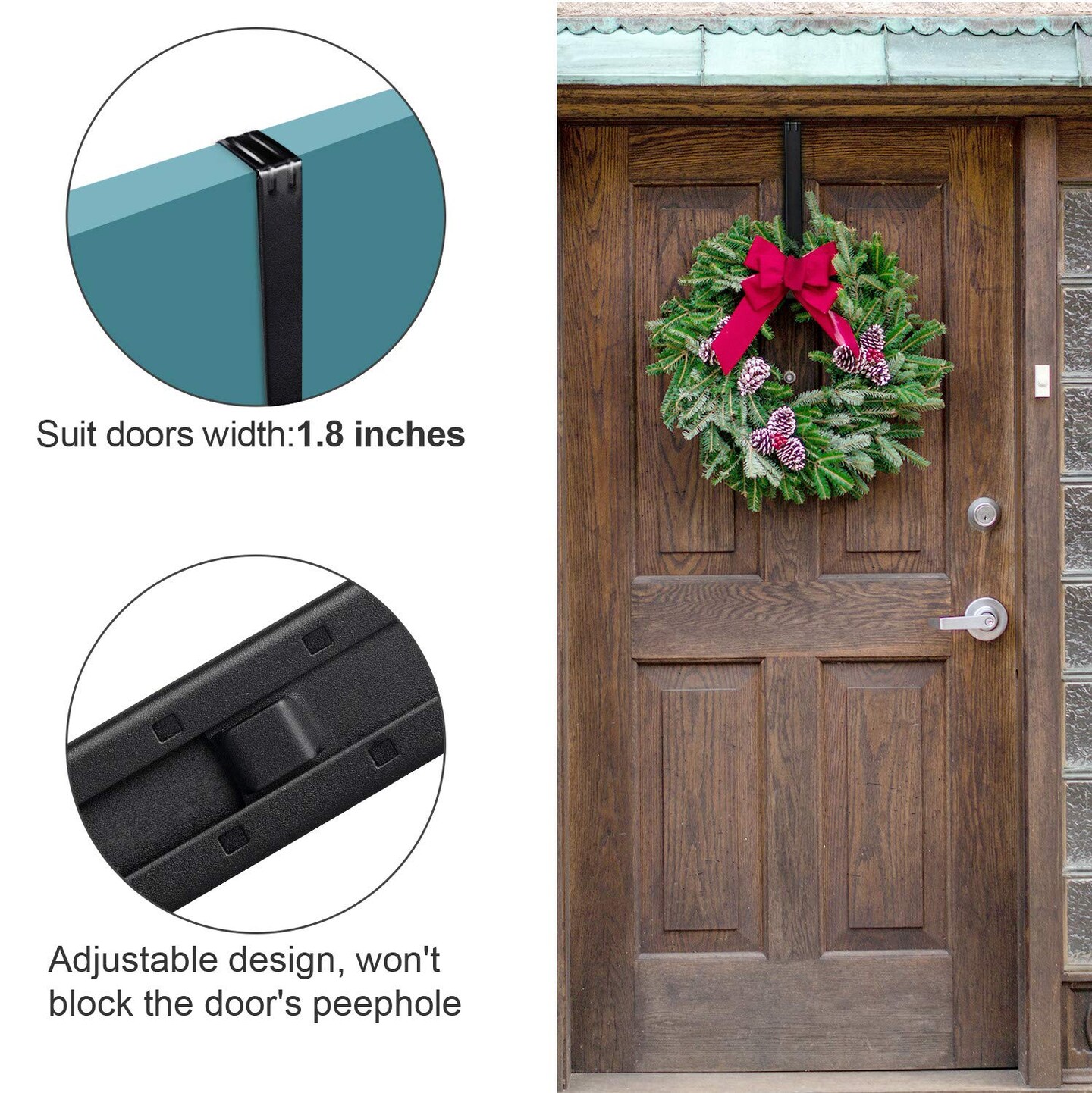 Wreath Hanger Adjustable Door Hanger Wreath Hanger for Front Door 15 to 24inch,Wreath Hook, Hold Up 20lb (Black,1 Pack)