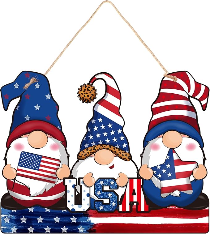 4th of July Gnome Door Sign - 250th Anniversary Patriotic Wooden Plaque - 12" Rustic American Flag Gnome Hanging Decor for Independence Day, Memorial Day & Summer Front Porch