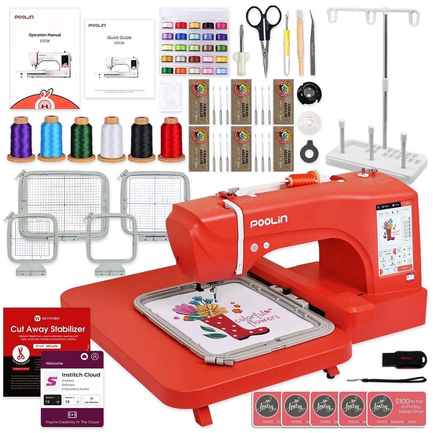 POOLIN EOC06 7.9in x 11in Embroidery Machine with Deluxe Accessory Kit - Red