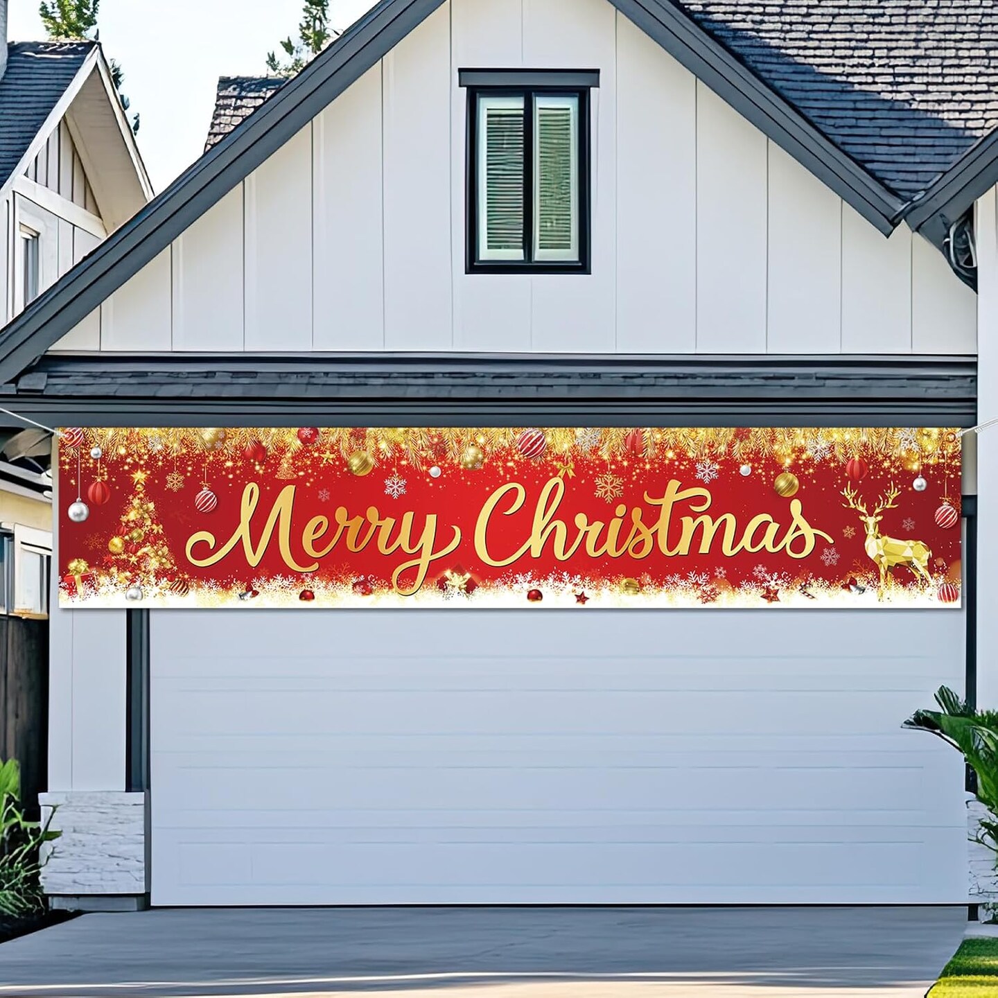 Merry Christmas Banner - Red and Gold Large Outdoor Xmas Tree Elk Banner(Red)9.8&#x22;L x 2&#x22;W