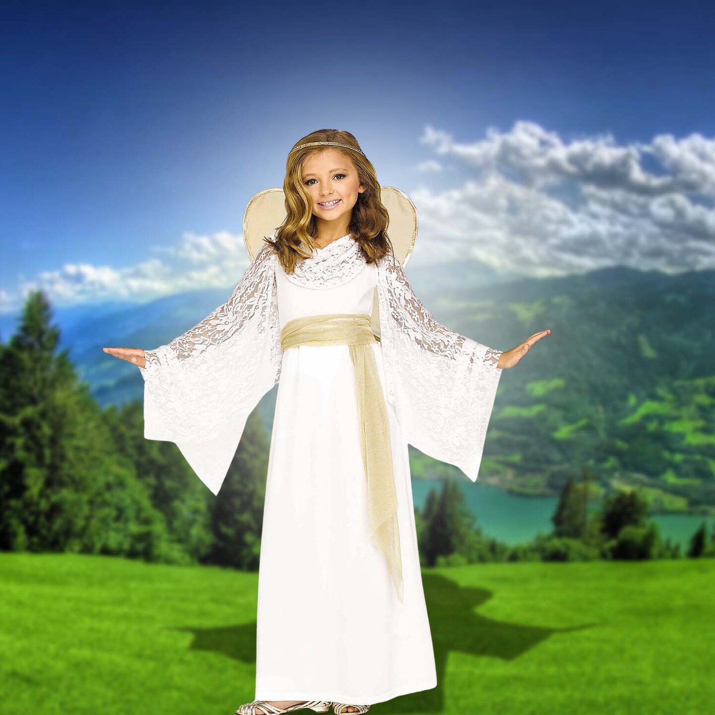 Girls White Gold Dress Angelic Miss Costume with Wings and Headband