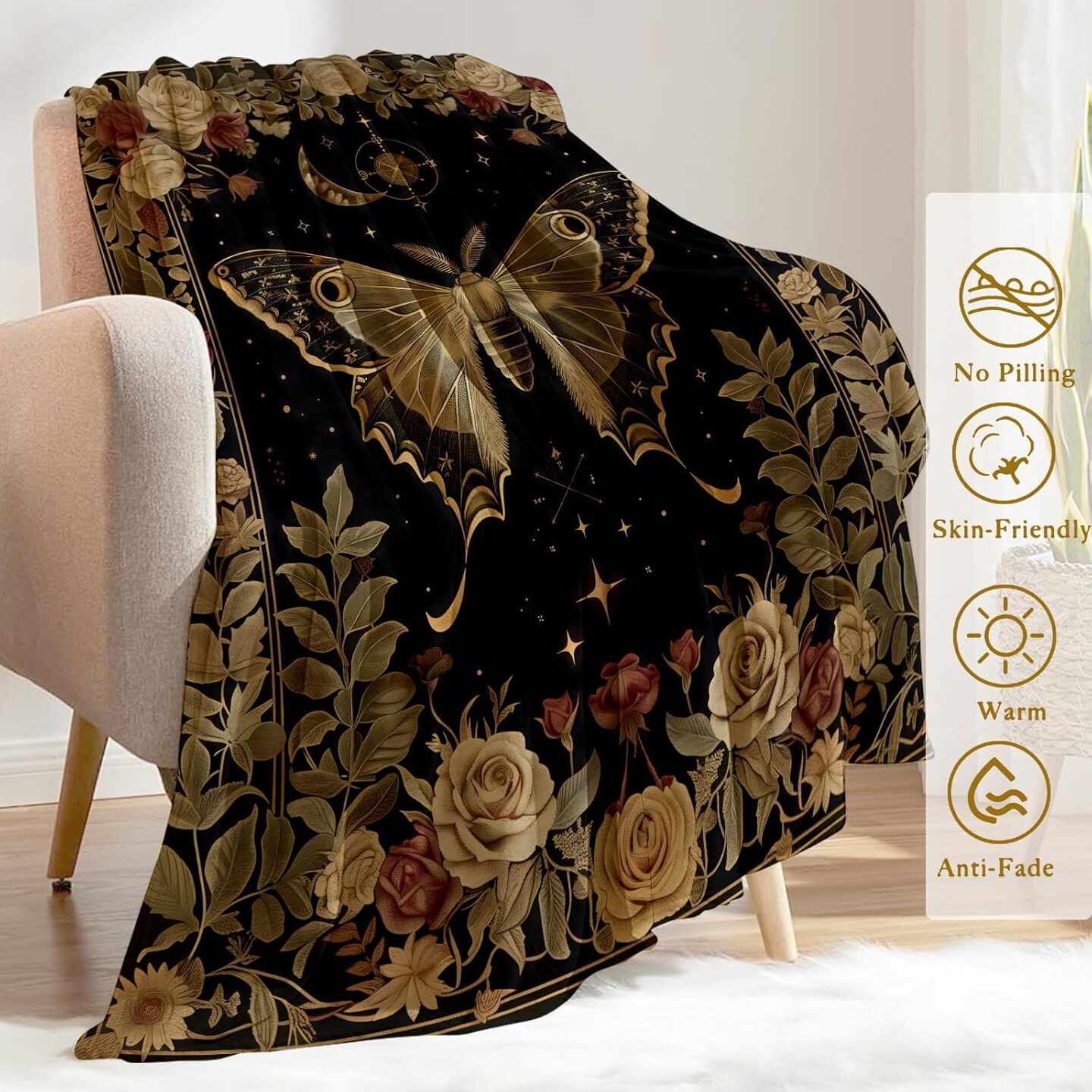 Gothic Moth and Rose Flannel Blanket(Moth)