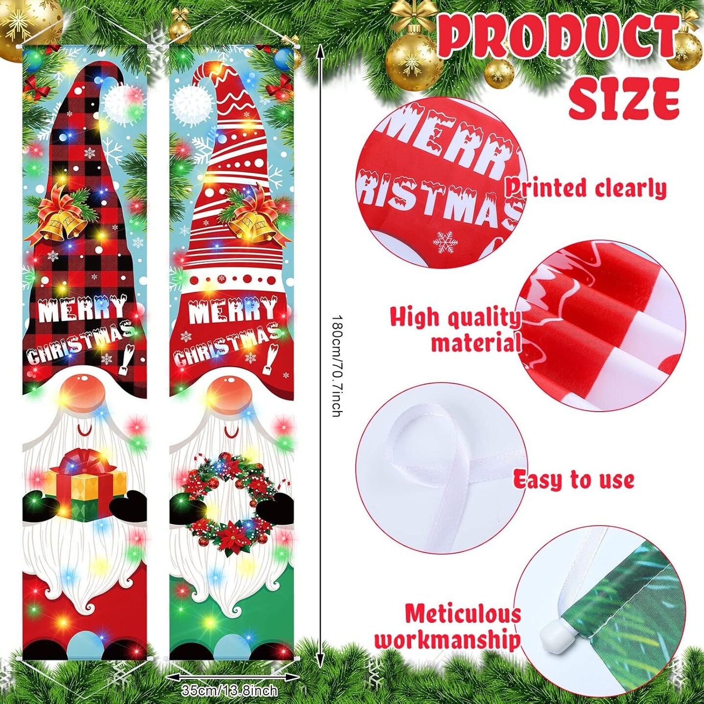 2 Pieces Lighted Gnome Christmas Banner Decorations Outdoor Xmas Hanging(bright colors)1"L x 1"W