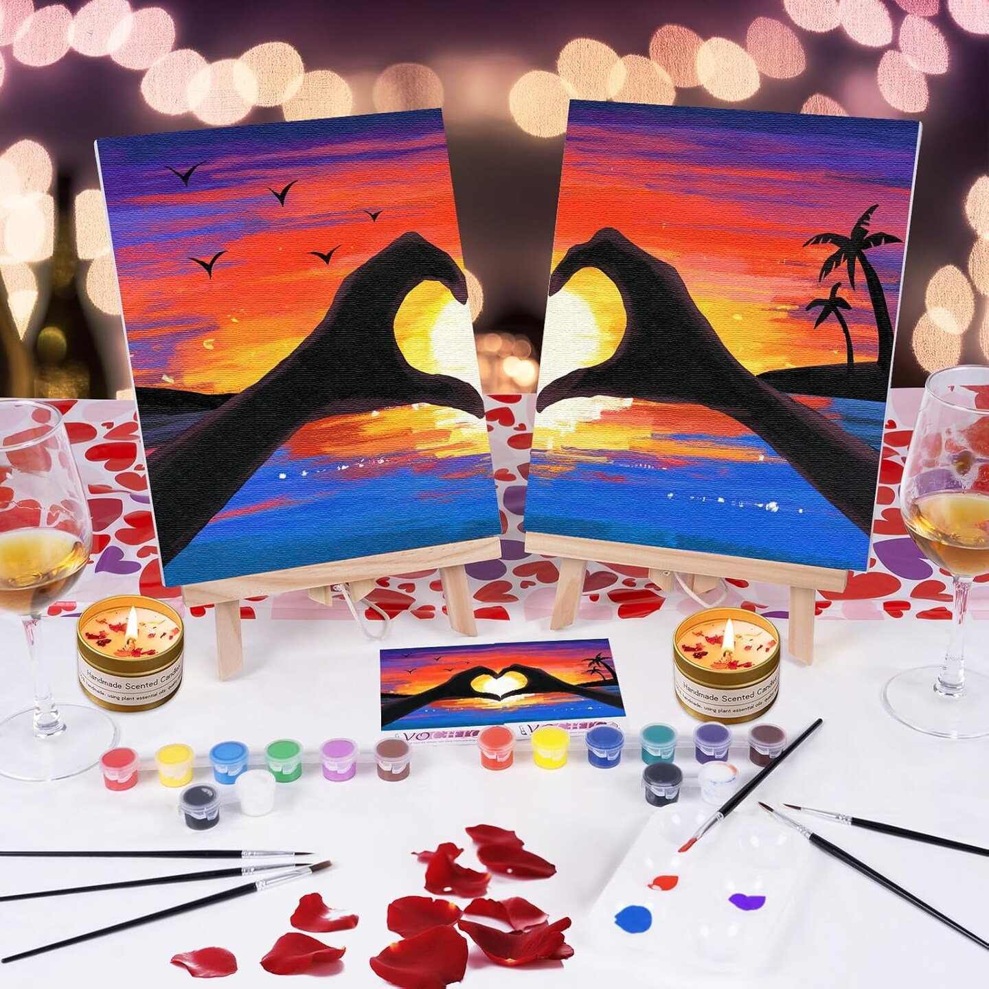 Date Night Idea Painting Kit for Couples Sip and Paint Kit for Adults Couples Pre Drawn Canvas to Paint for Adults Art Set Sunset Heart Valentine 2 Pack 8" X 10"