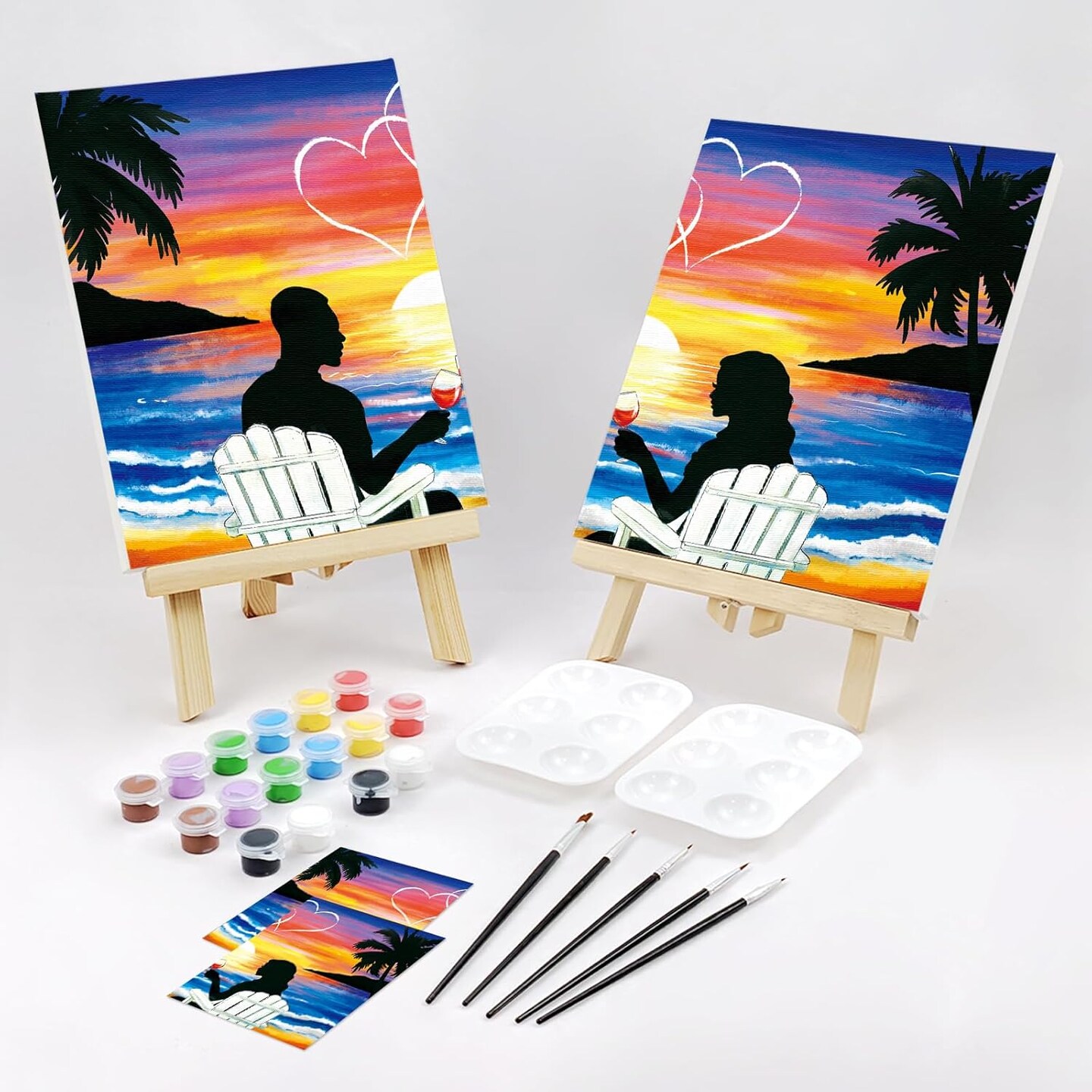 Sip and Paint Kit,Pre Drawn Canvas Couples Paint Party Kit Painting Art Set for Adults Date Night Sunset Beach Lovers 2 Pack