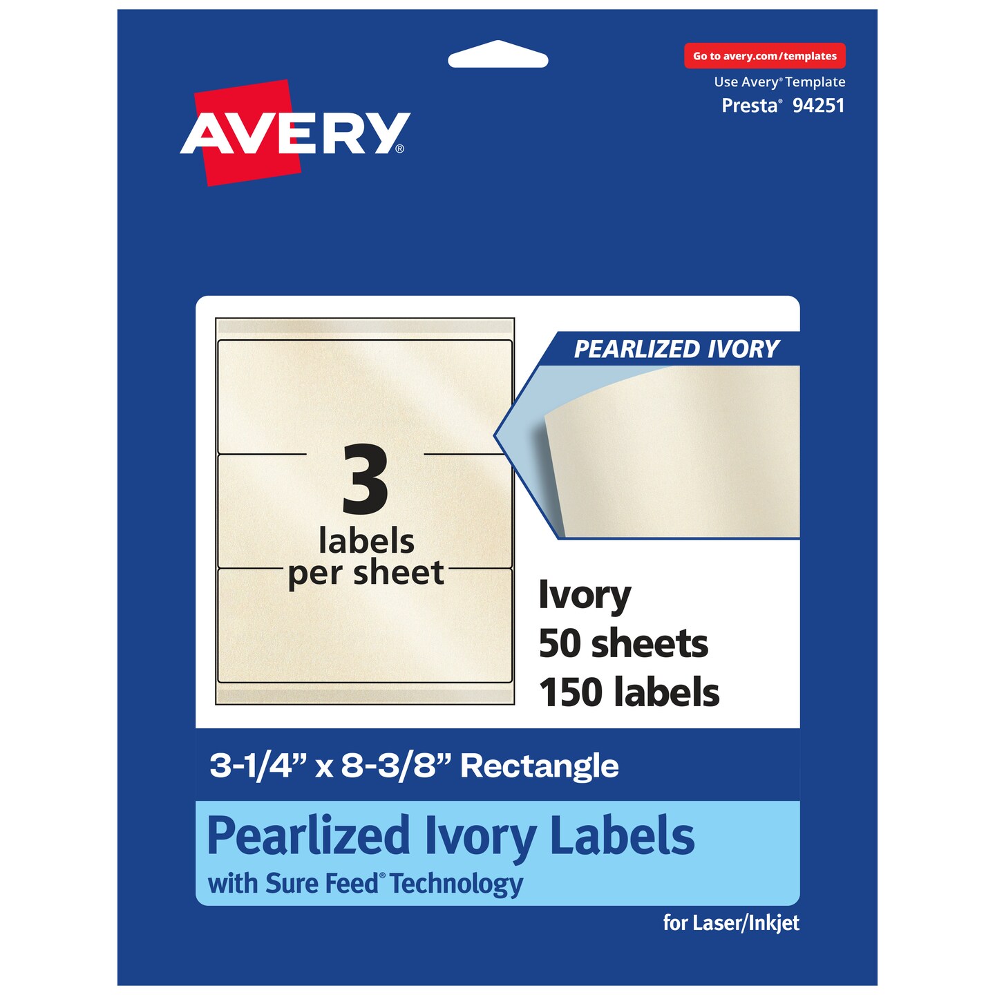 Avery Pearlized Ivory Rectangle Labels with Sure Feed Technology, 3-1/4&#x22; x 8-3/8&#x22;