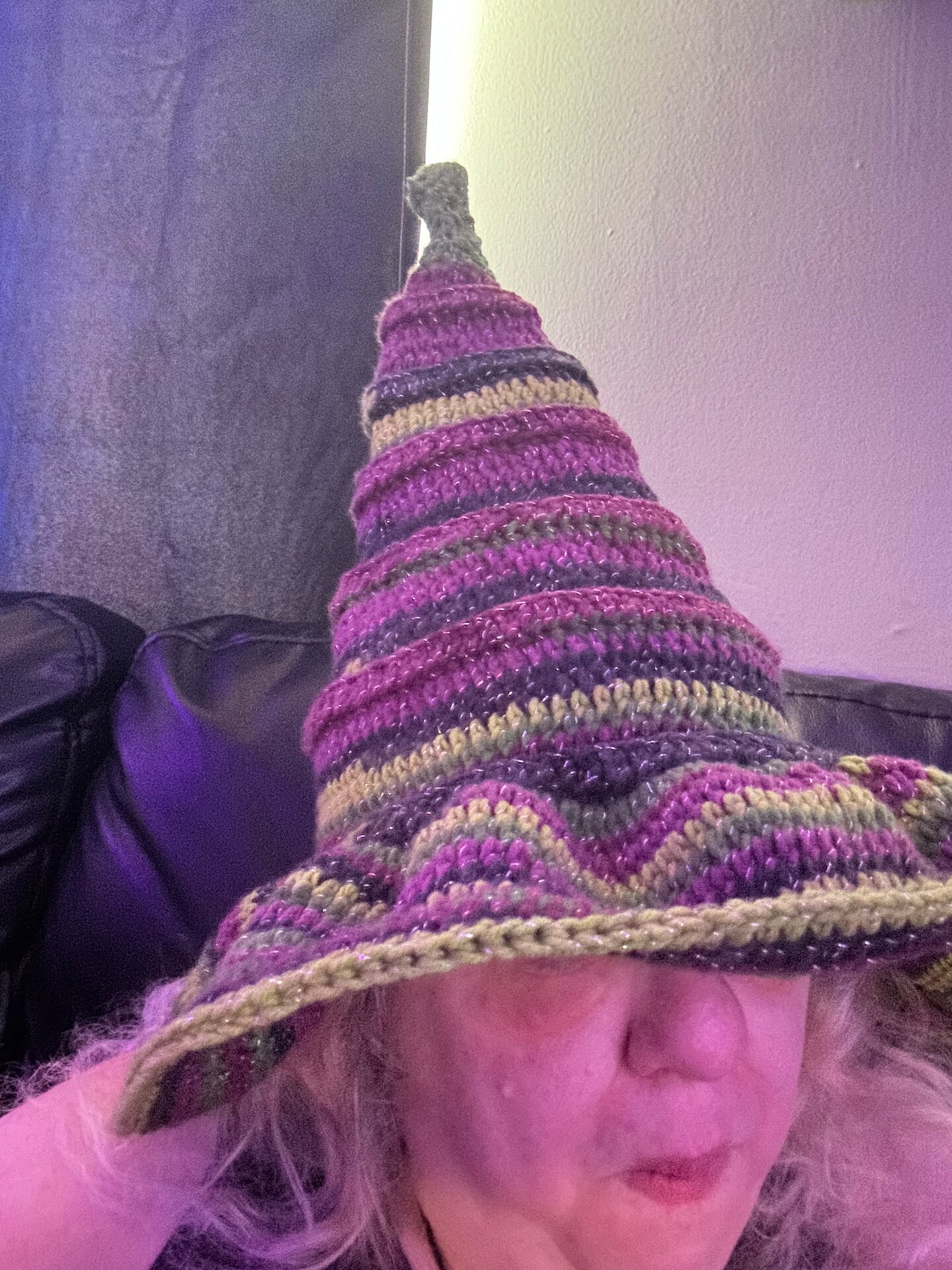 Hand Crochet Green Black Purple Witch Hat, Halloween Costume