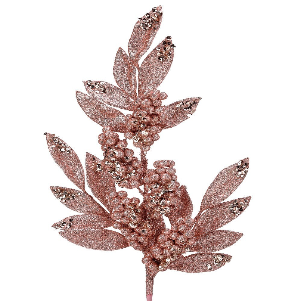 26" Blush Pink Glitter Berry and Leaf Spray – Elegant Christmas Décor