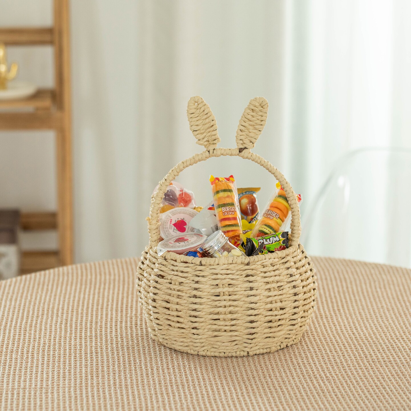 Wickerwise Hand-Woven Easter Bunny Ear Basket with Handle &#x2013; Multi-Purpose Paper Rope Wicker Basket for Easter Egg Hunts, Picnics, Flower Arrangements, Food Storage, Party, and Home Decor