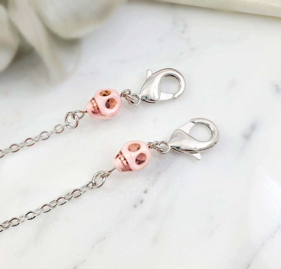 Pink Skull Eyeglass Holder Necklace or FACE MASK CHAIN, Reading Glasses Keeper, White Skull Day of the Dead or Halloween Gift for Her N5711A product 5