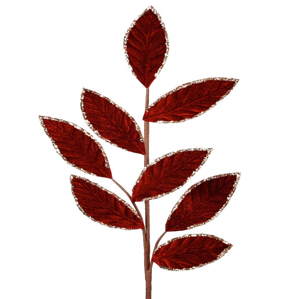 28&#x22; Burgundy Velvet and Glitter Leaf Sprays &#x2013; Elegant  Christmas Floral D&#xE9;cor Accent