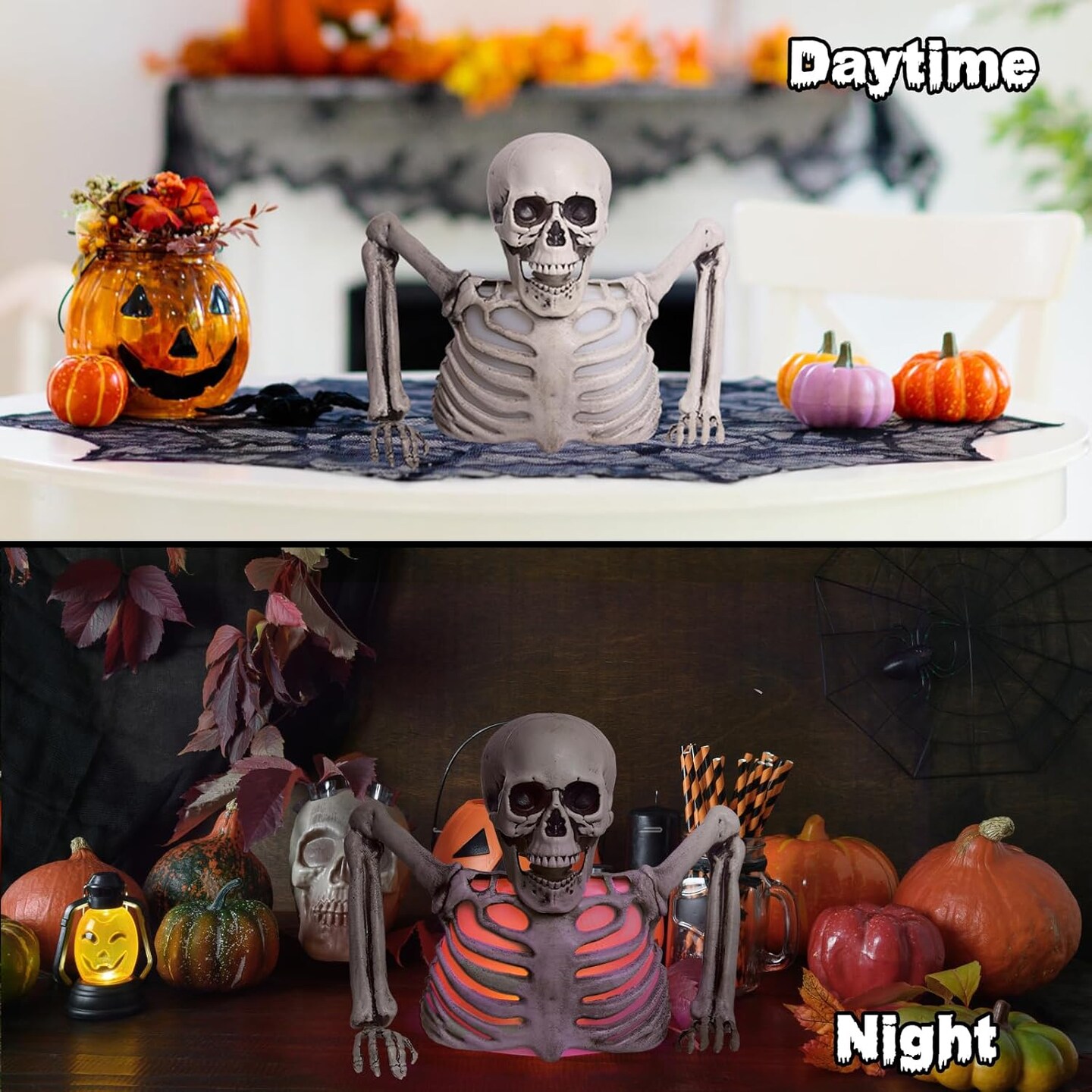 Presence Halloween Skeleton with Different Light Colors, Holiday Indoor Realistic Decor