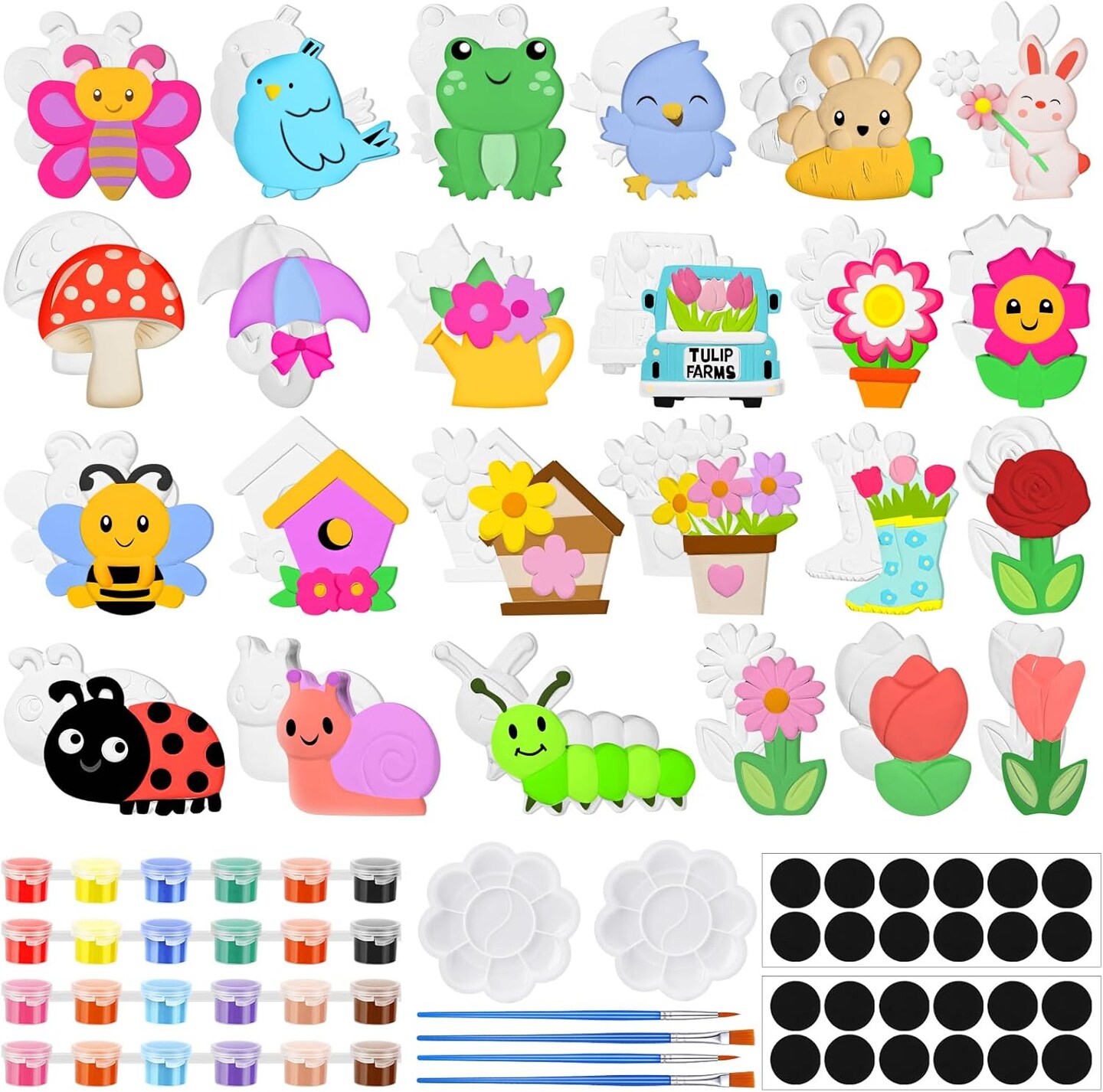 24 Set DIY Spring Garden Ceramic Crafts Kit Paint Your Own Figurines Ready to Paint Bisque Figurines Crafts Arts with 24 Magnets 4 Brushes and 2 Palette Ceramic Painting Kit for Adults