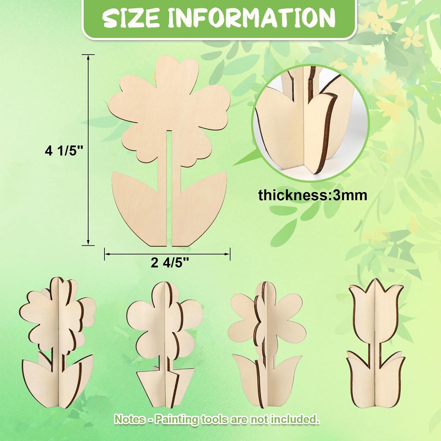 DIY 3D Flower Spring Wood Crafts to Paint for Kids Adults, Paintable Unfinished Wooden Slices for Craft, Flowers Cutouts Ornaments for Painting Decorations (24 PCS)