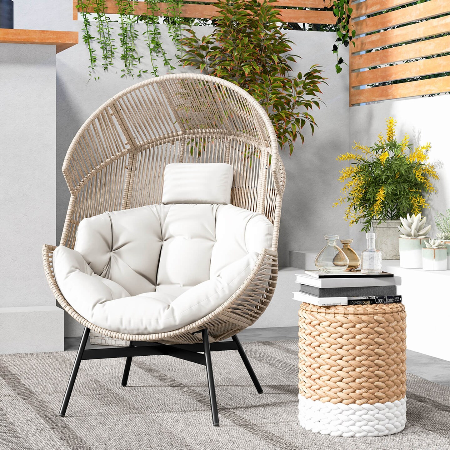 Costway Oversized Egg Style Chair with Cushions &#x26; Headrest Heavy-Duty Metal Frame for Yard Off White/Grey/Black