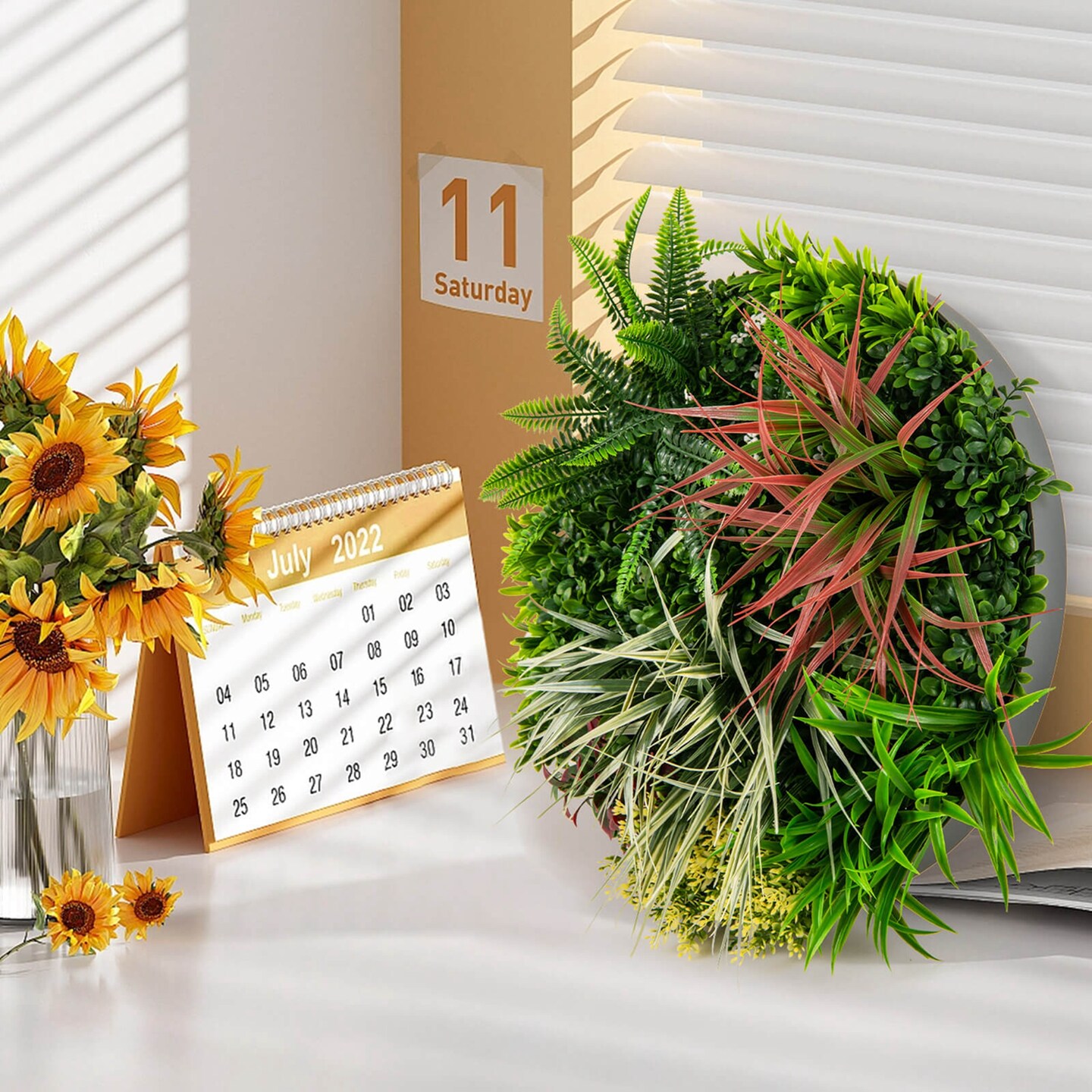 Costway 2 Pack Round Framed Artificial Foliage Wall Art with 9 Types of Mixed Faux Plants