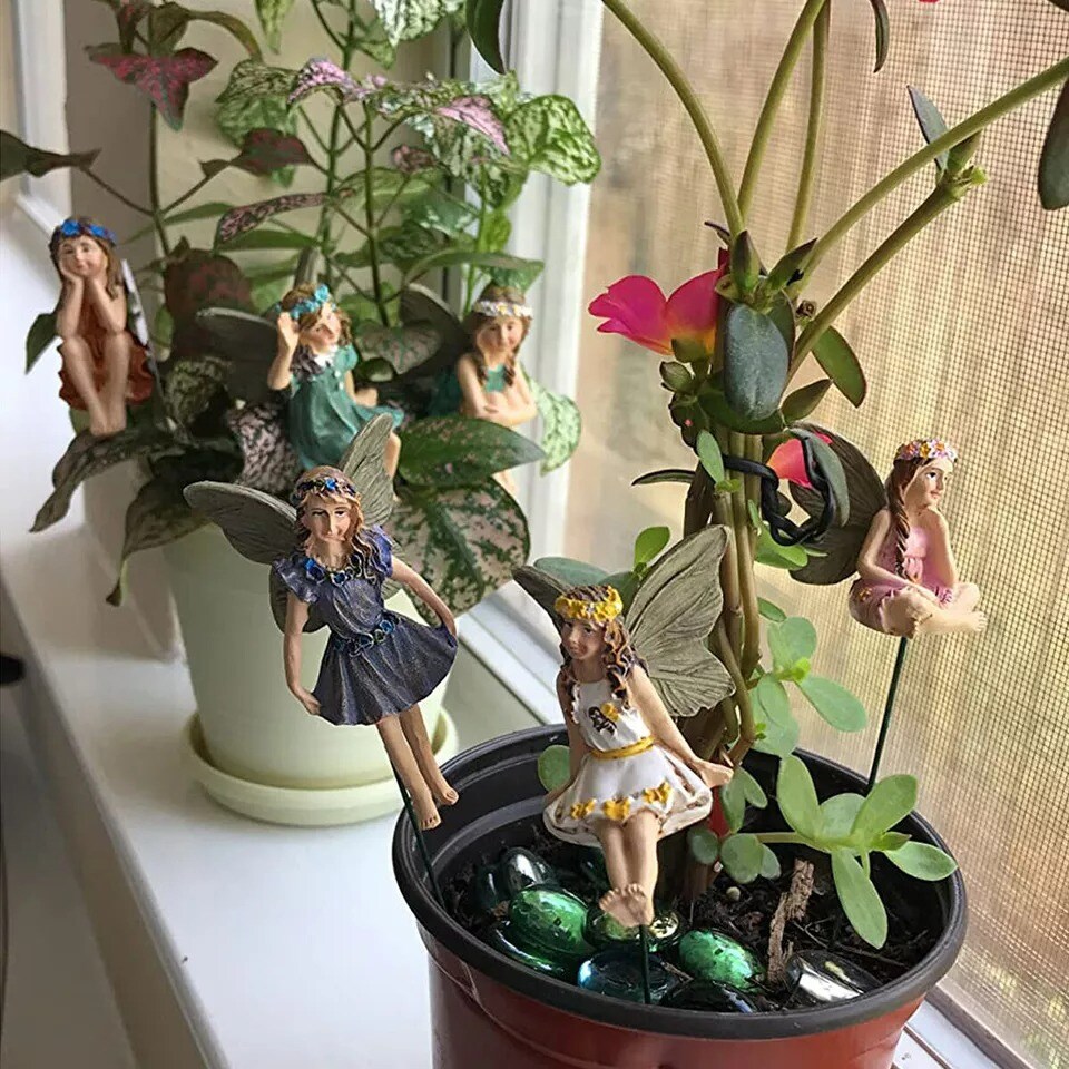 6x Flower Fairies Figure Miniature Garden Resin Ornaments Statue Flowerpot Decor