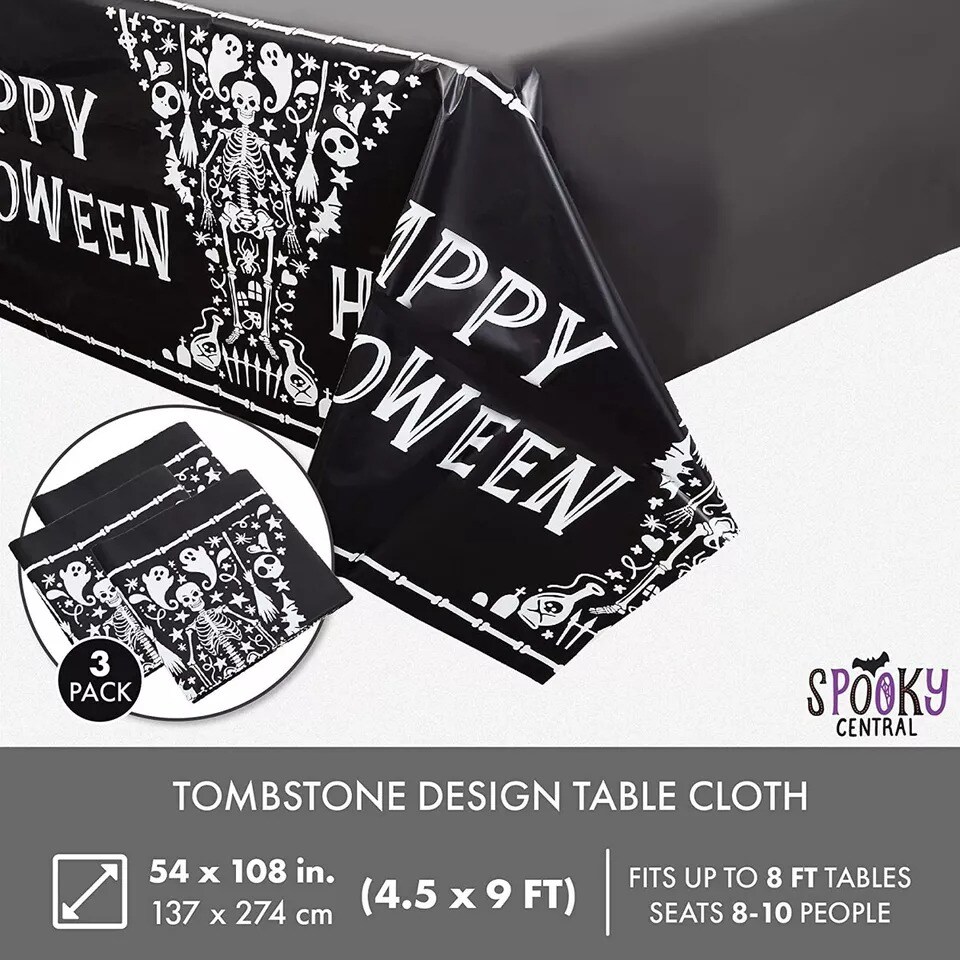 3 Pcs Happy Halloween Tablecloth Skeleton Coffin Table Cover for Party 54x108"
