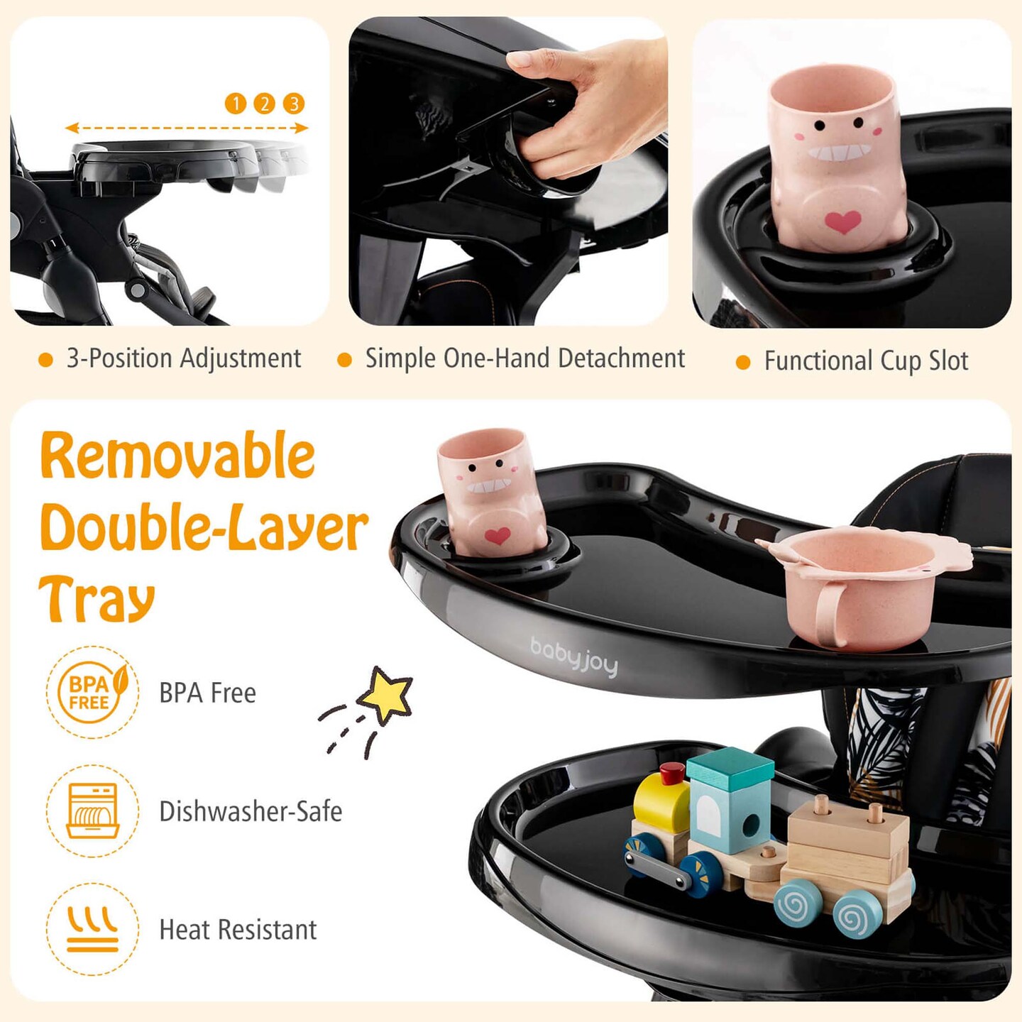 Costway High Chair for Babies & Toddlers with Rolling Wheels Adjustable Height Footrest White/Pink/Navy/Black