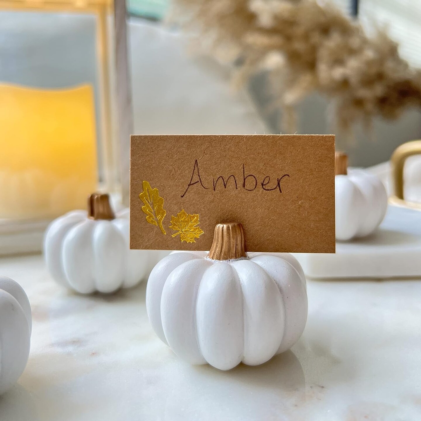 Set of 4 Orange and Gold personalized Pumpkin Placecards, offers Orange and Gold Pumpkins, Thanksgiving Placecards, Fall Wedding Placecards