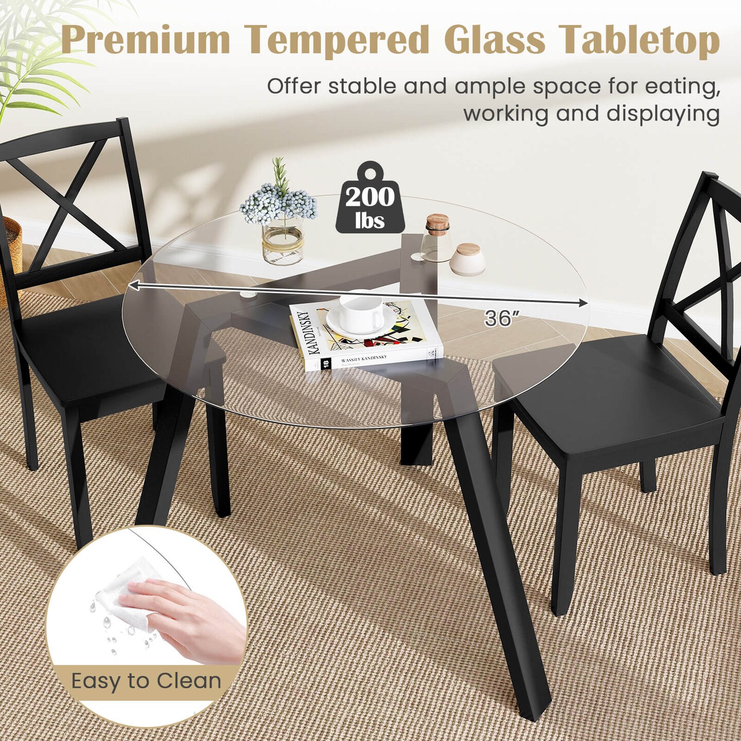Costway 36&#x22; Round Glass Dining Table for 4 with Tempered Glass Tabletop Rubber Wood Frame Natural/Black
