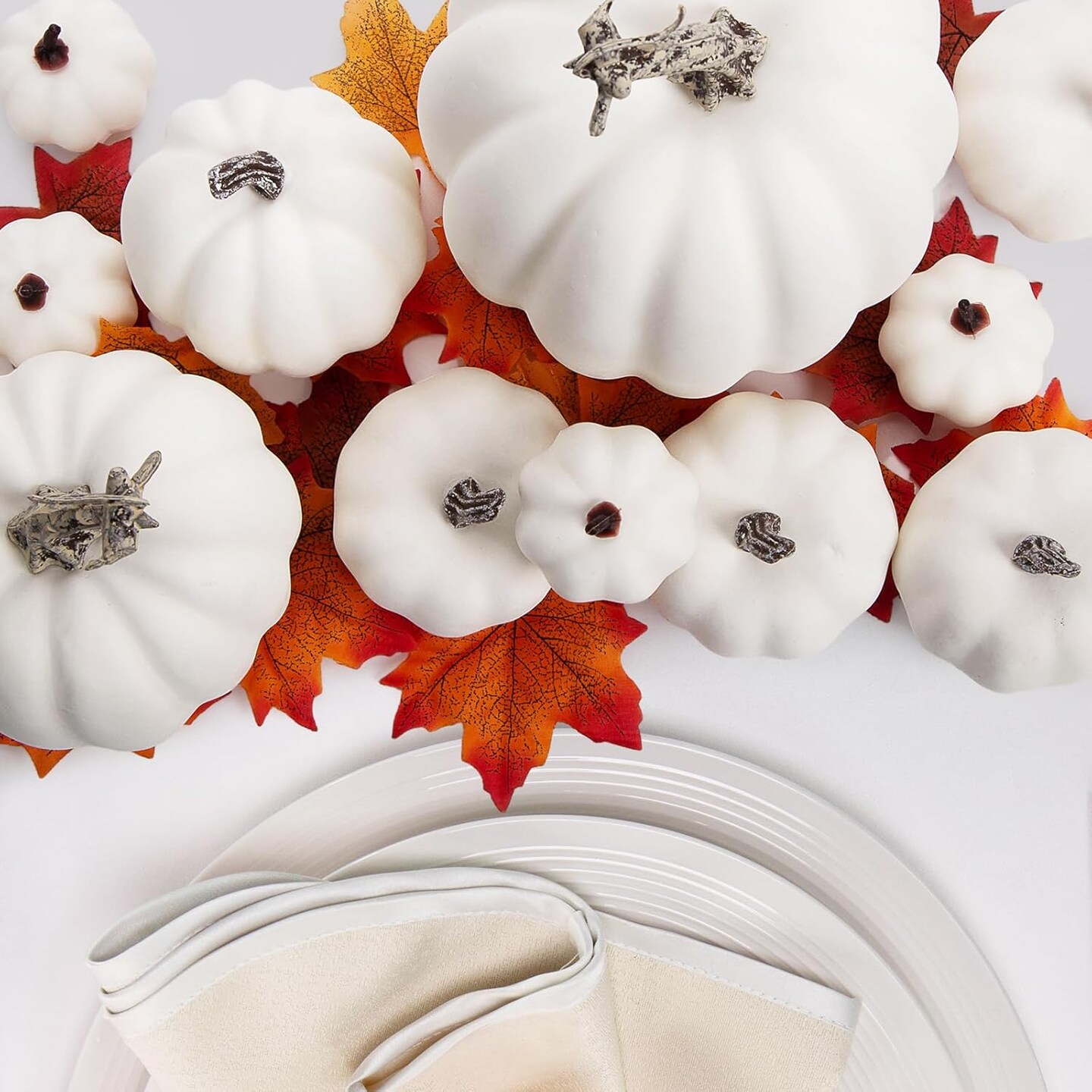 16 Artificial White Pumpkins, Assorted Sizes Fake Faux Rustic Harvest Farmhouse Pumpkins for Halloween, Thanksgiving, Fall, and Autumn Season Decorations.