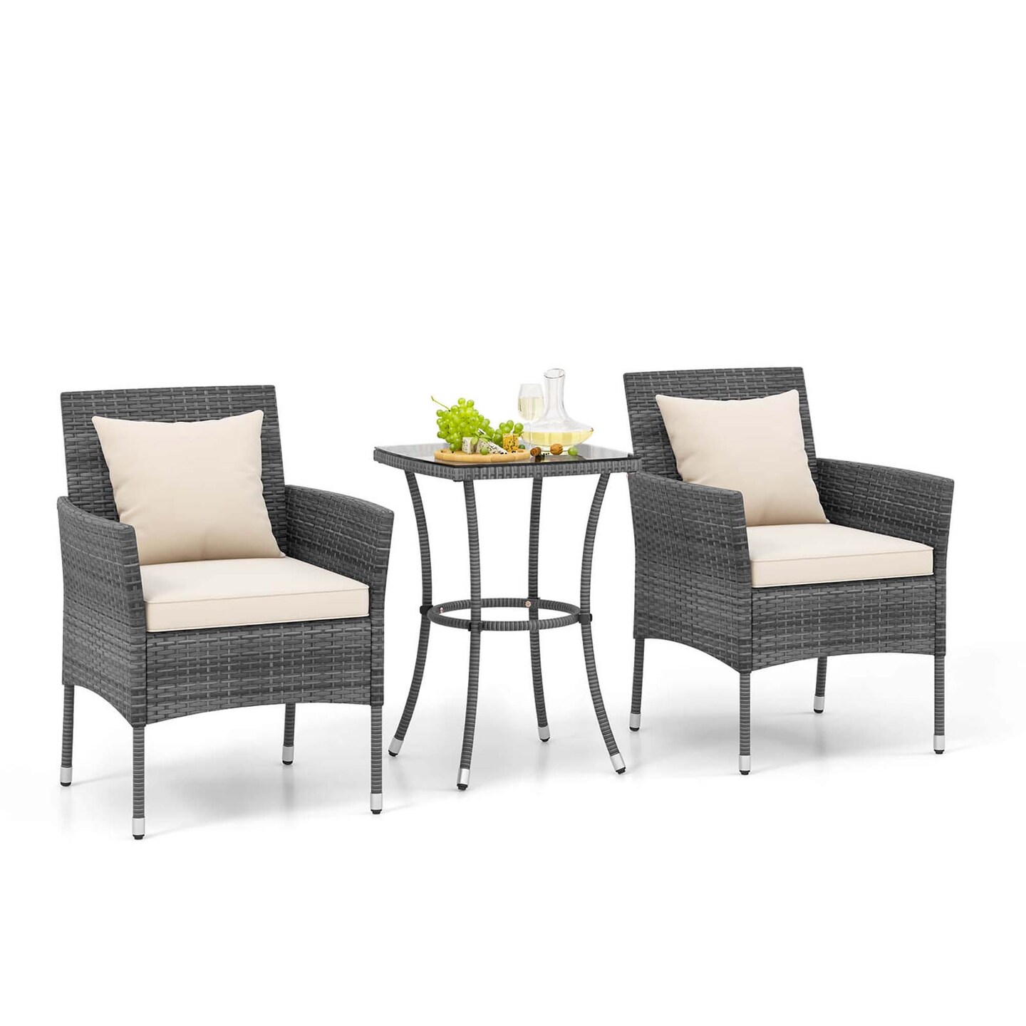 Costway 3 PCS Patio Furniture Set with Cushioned Patio Chairs & Tempered Glass Coffee Table Grey/Navy/White/Black