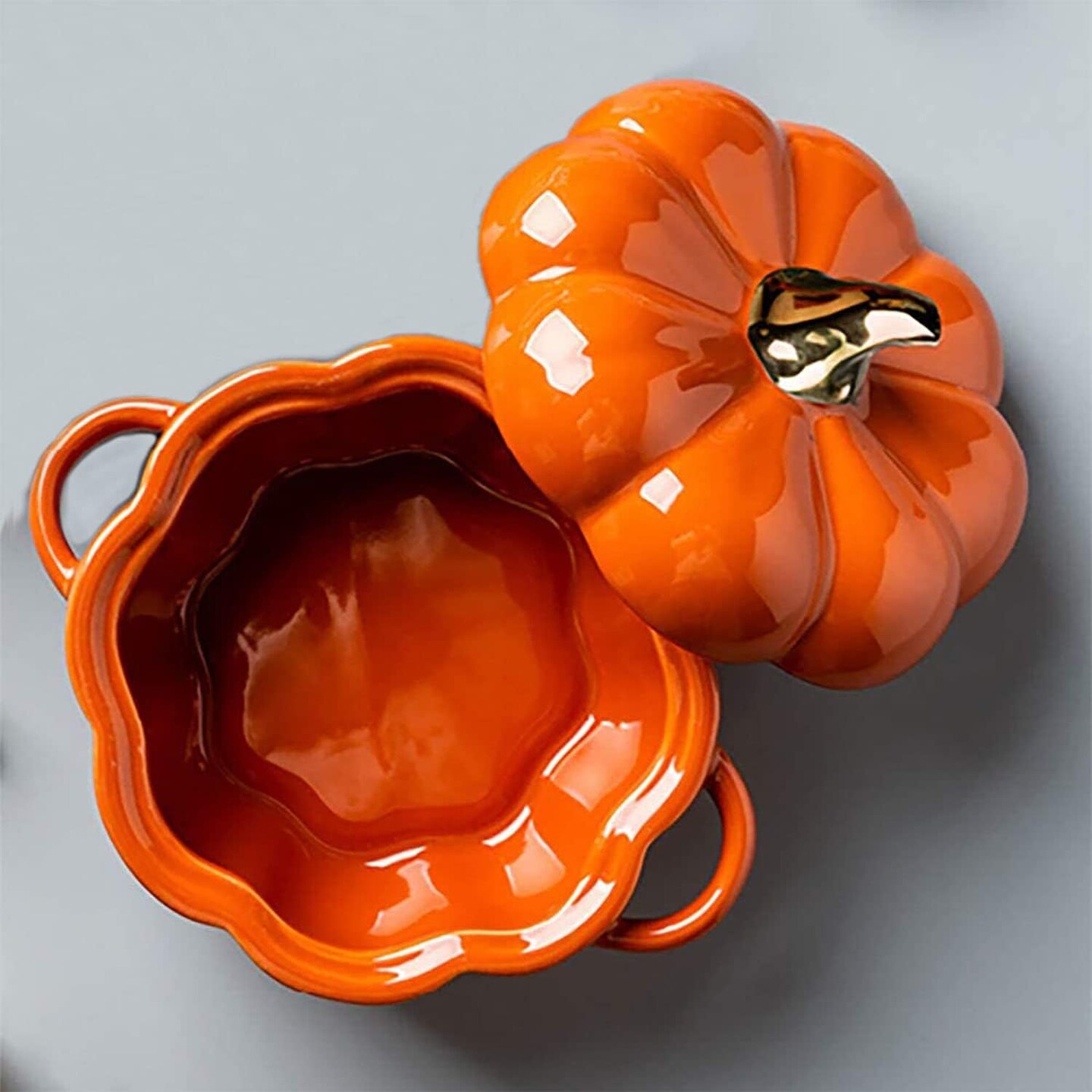 Oven-safe, stoneware, set of two pumpkin bowls with lids and handles, 14-ounce ceramic ramekins for baking, casserole dish individual Severing pot, orange