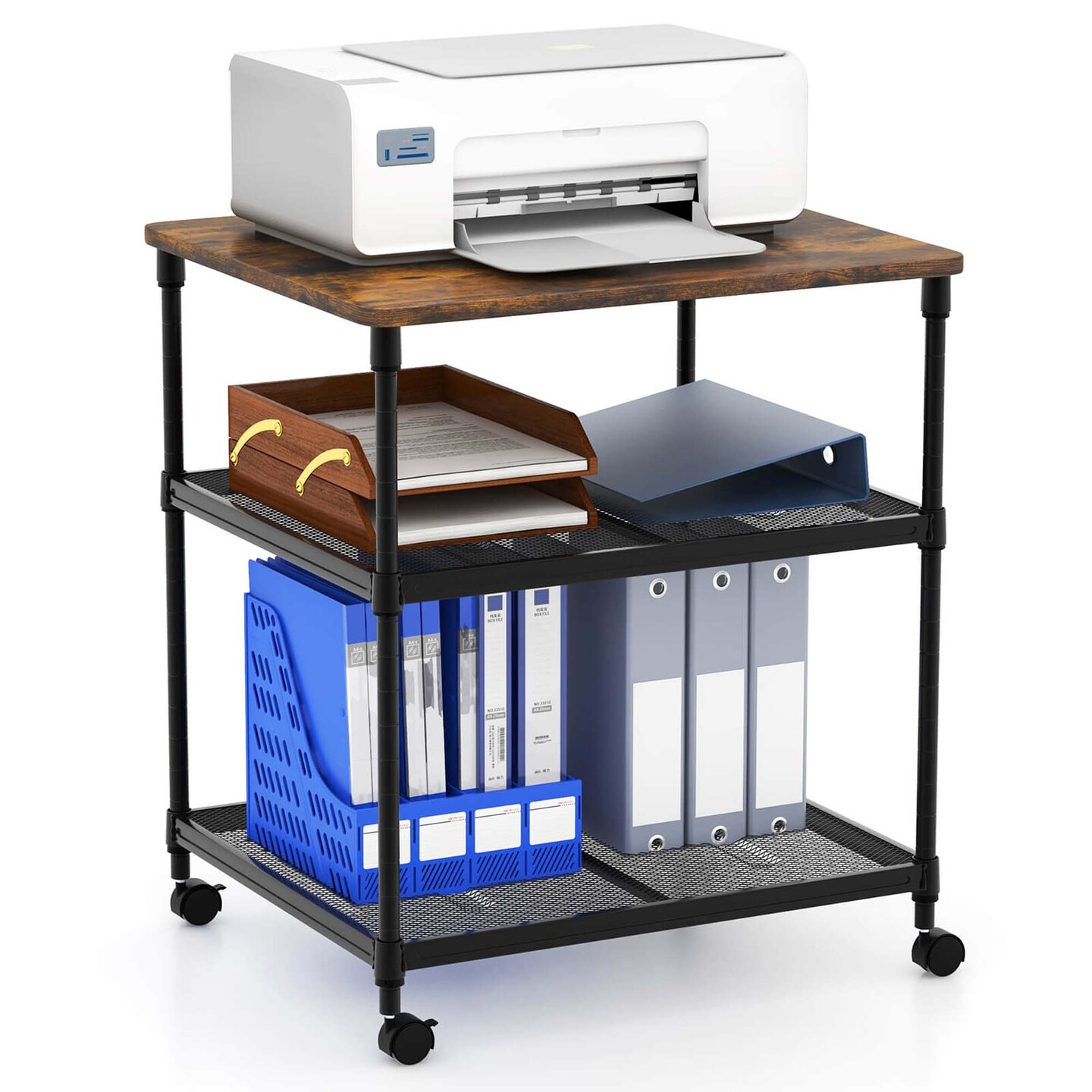 Costway 3-Tier Printer Stand Rolling Fax Cart with Adjustable Shelf &#x26; Swivel Wheel Brown/Black