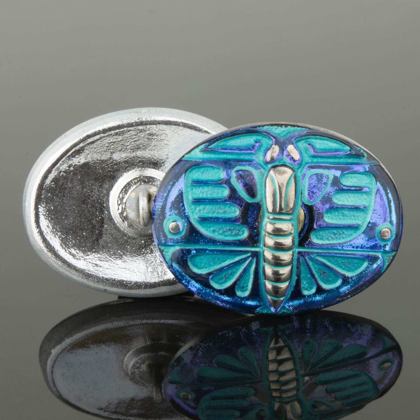 29x22mm Oval Art Deco Butterfly Button - Electric Blue Purple Finish with Aqua Wash and Platinum Paint -- Czech Glass Buttons