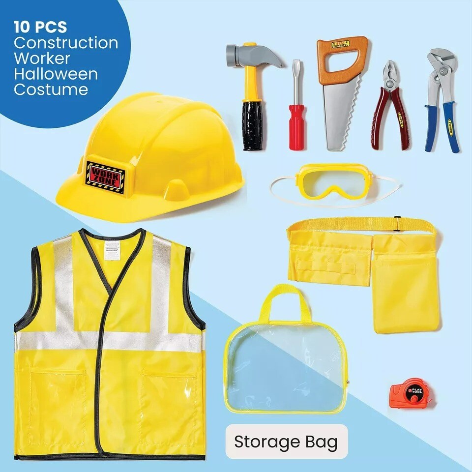 14 Pcs Construction Worker Costume for Boys Girls Halloween Party Role Play Set