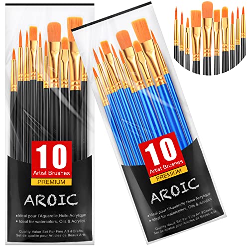 Acrylic Paint Brush Set 2 Packs/20 Pieces Watercolor Brushes Nylon Hair for All-Purpose Oil and Watercolor Painting Artists (Black and Blue)