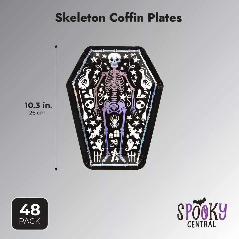 48Pack Halloween Party Paper Plates, Disposable Skeleton Coffin Decor Bulk 10 In