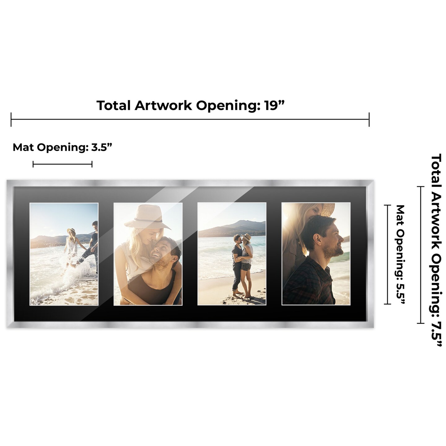 Stainless Steel Silver Wood Finish Collage Frame - Black Mat, 20 Frame Sizes to Choose From, UV Acrylic, Wall Hanging Hardware, Vertical or Horizontal Display