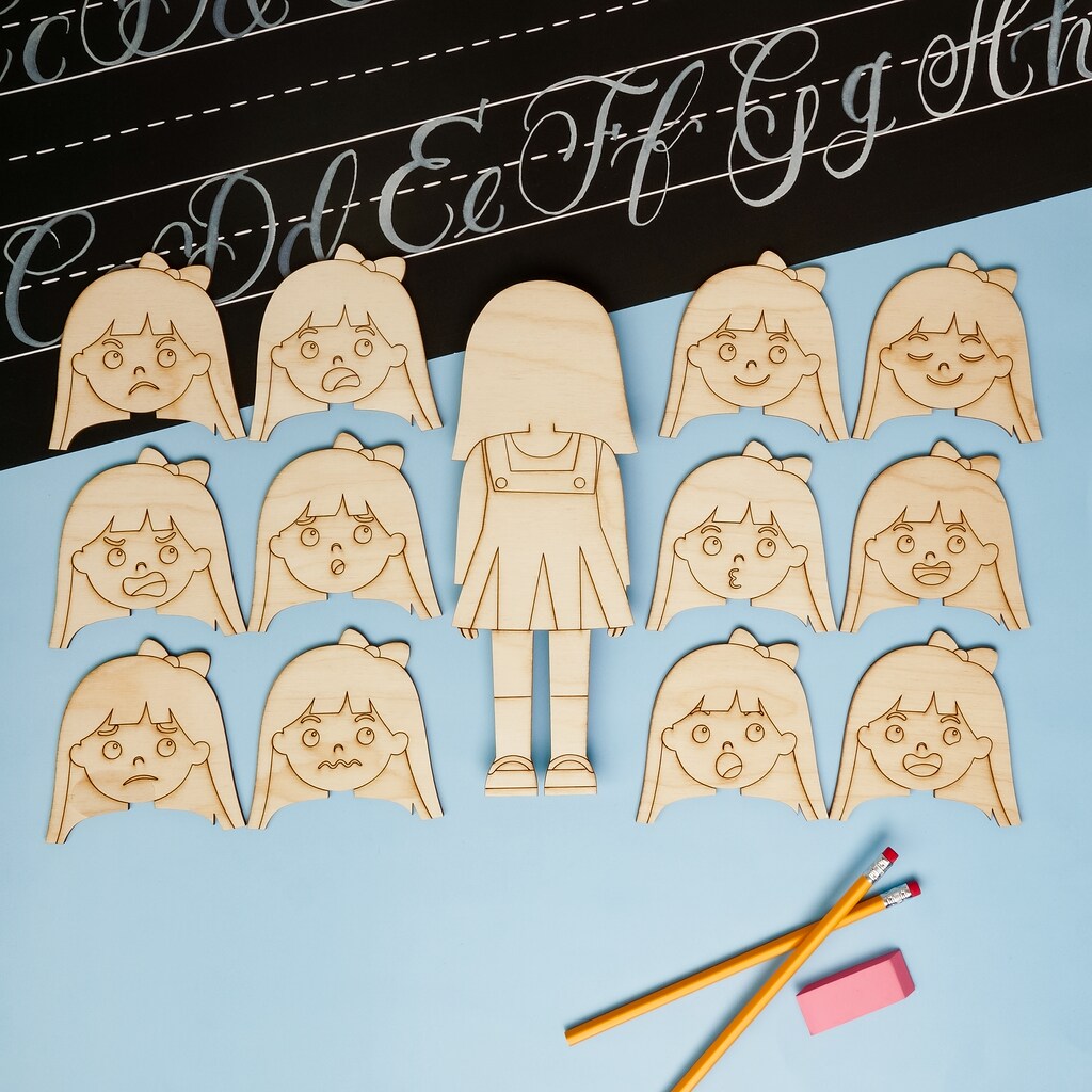 Emotion Faces Cutouts Girl 10&#x201D;, Set of 13 Feeling Cards for Kids | Woodpeckers