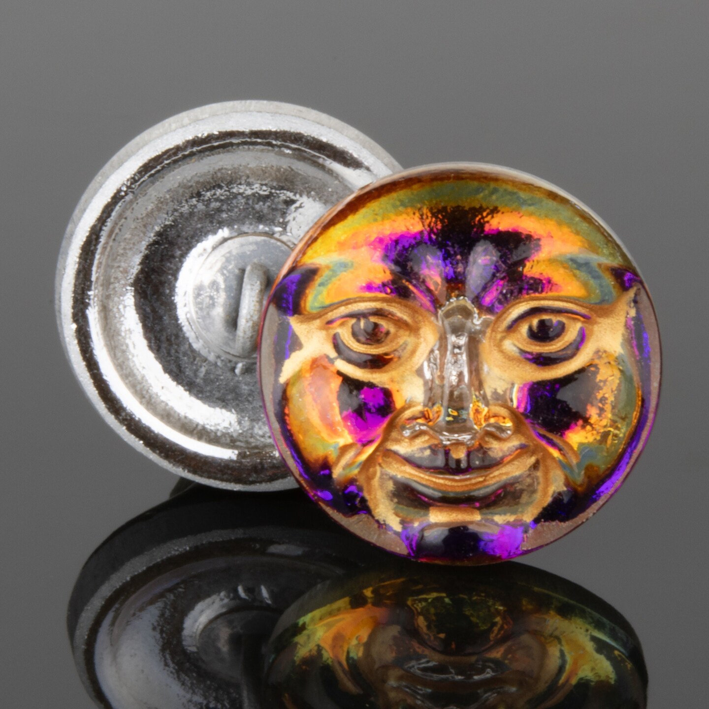 17mm Moon Face Button - Purple Orange Iridescent with Gold wash -- Czech Glass Buttons