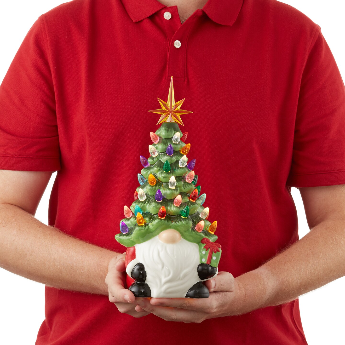 Casafield Hand Painted Ceramic Christmas Gnome with Tree, Red and Green Pre-Lit Gnome with 78 Multi Color Lights and Star Toppers