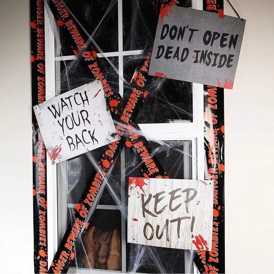 12 Pack Halloween Decorations Home Indoor Outdoor Party, Beware Signs with Rope