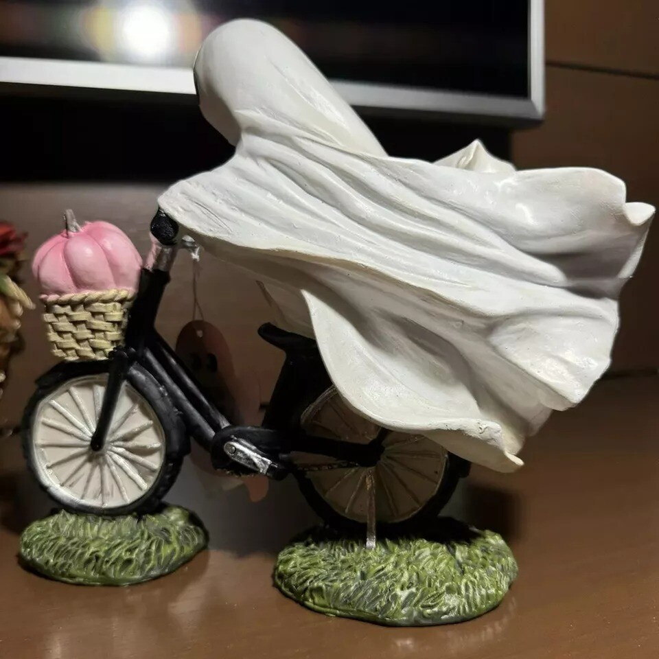 Ghoul Ghost-Riding a Bike w/ Pink Pumpkin Cute Halloween Decor Viral 15 CM