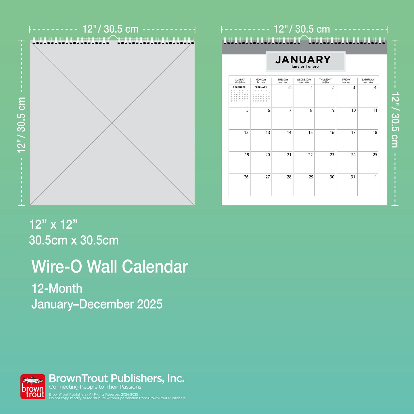 House of Turnowsky OFFICIAL | 2025 12 x 12 Inch Monthly Square Wire-O Calendar | Sticker Sheet | BrownTrout | Stationery Elegant Exclusive