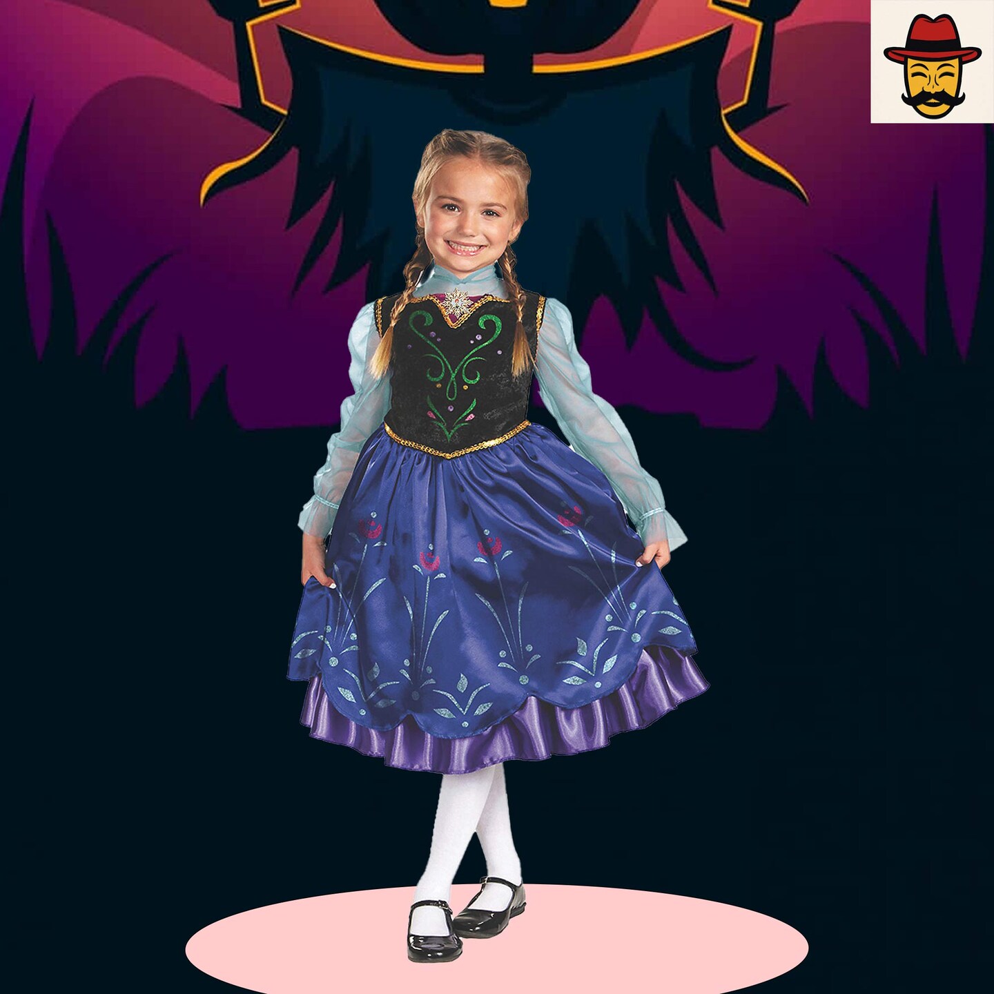Girls Frozen Anna Costume Blue Purple Black Dress with Velvet Bodice and Floral Skirt
