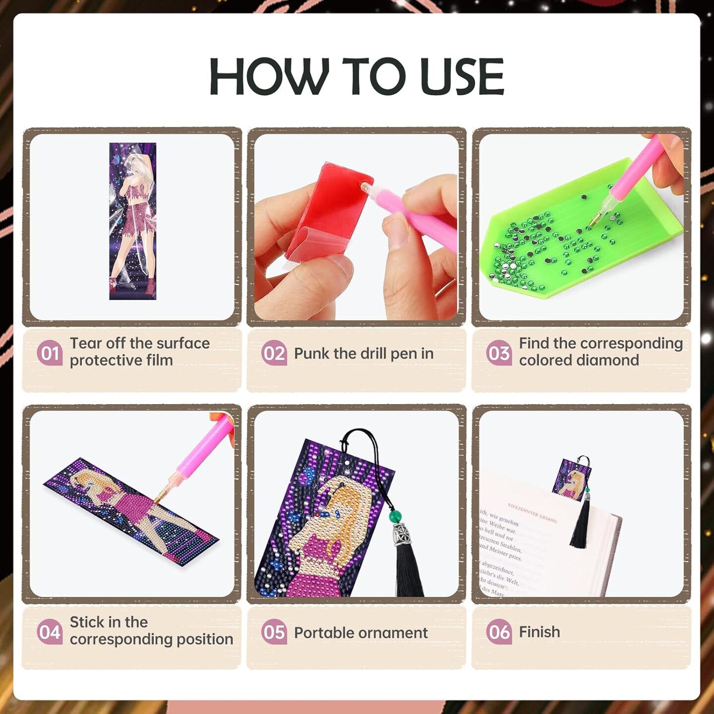 6PCS Singer Diamond Art Bookmarks – DIY Pop Star 5D Diamond Painting Kits, Craft Gift for Book Lovers, Beginners & Music Fans