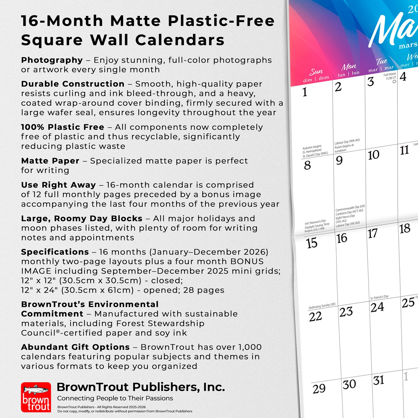 Big &#x26; Bright Large Print | 2026 12 x 24 Inch (Hanging) Monthly Square Wall Calendar | Matte Paper | Plastic-Free