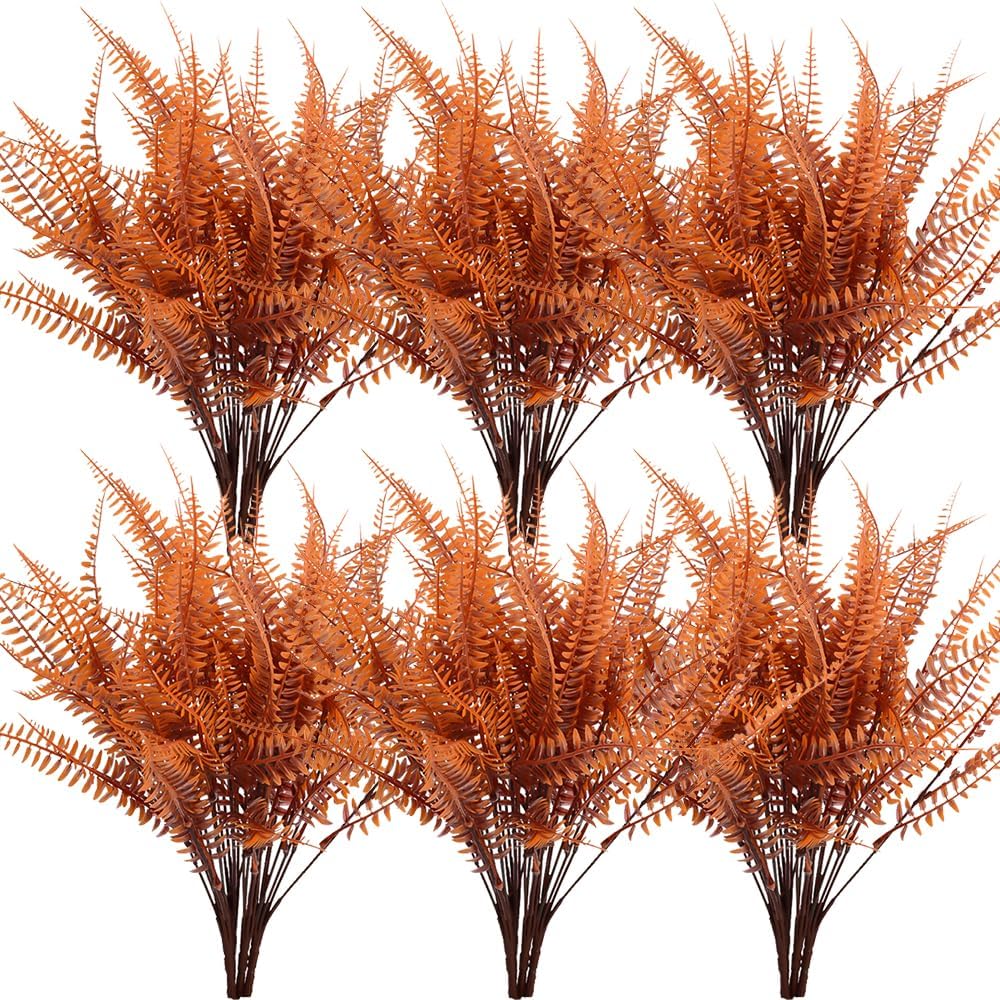 24-Pack Artificial Fall Ferns for Outdoors – Faux Boston Fern Plants, Fake Fall Greenery for Home, Garden, Porch, Room, Thanksgiving Autumn Decoration (Autumn) 13"D x 6"W x 2"H