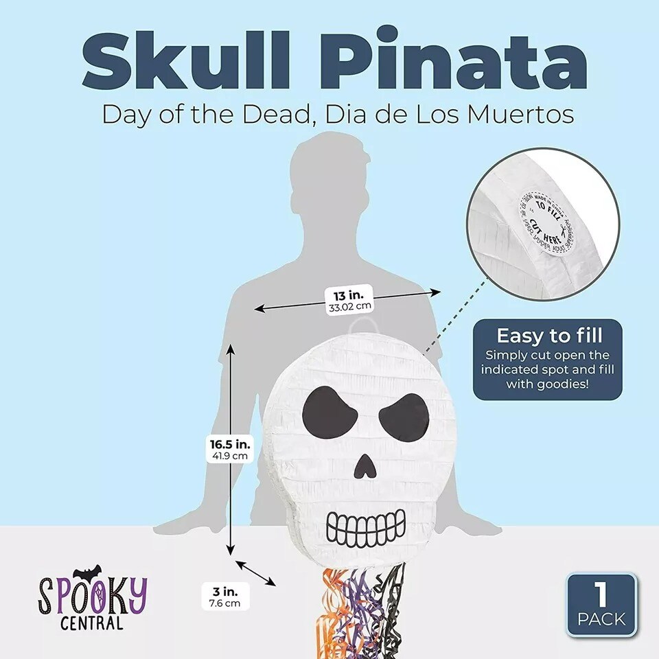 Halloween Pinata, Small Day of the Dead Skull for Party Decorations 13x15x3"